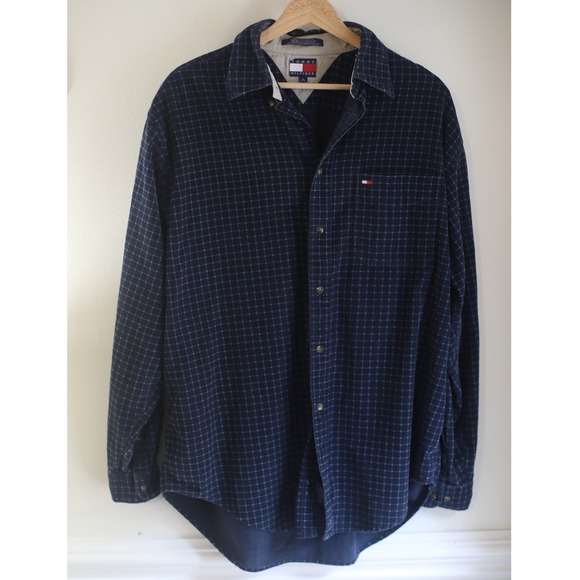 Tommy Hilfiger Other - Y2K Tommy Hilfiger Mens‎ Navy Blue Grid Check Corduroy Button Down Shirt Size M